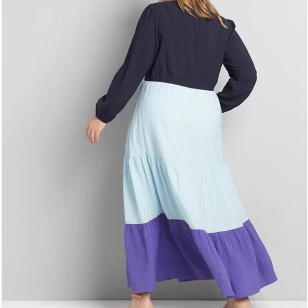Lane Bryant Tiered Crepe Maxi Dress Blue Colorblock Long Sleeves v neck Sz 22P - Picture 2 of 10